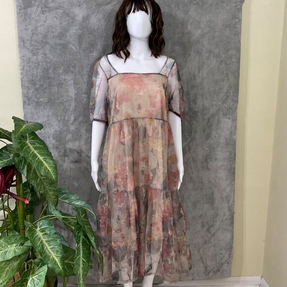 H&M  FLORAL MESH DRESS women’s size Medium Boho sq. Neck puff sleeves tiered - Picture 1 of 12